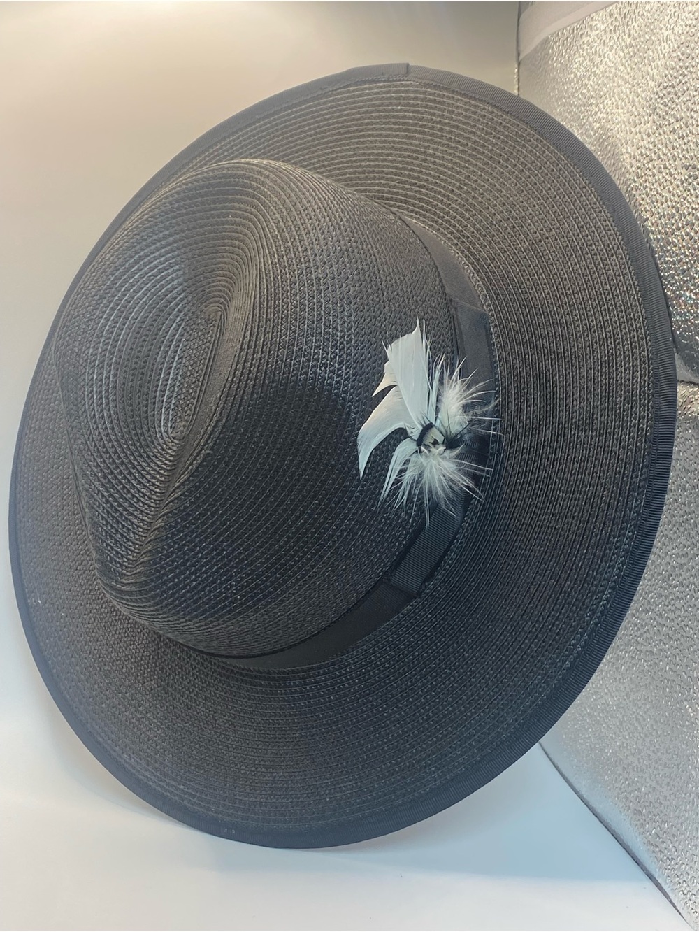 Men's Black Straw Fedora with Feather Accent